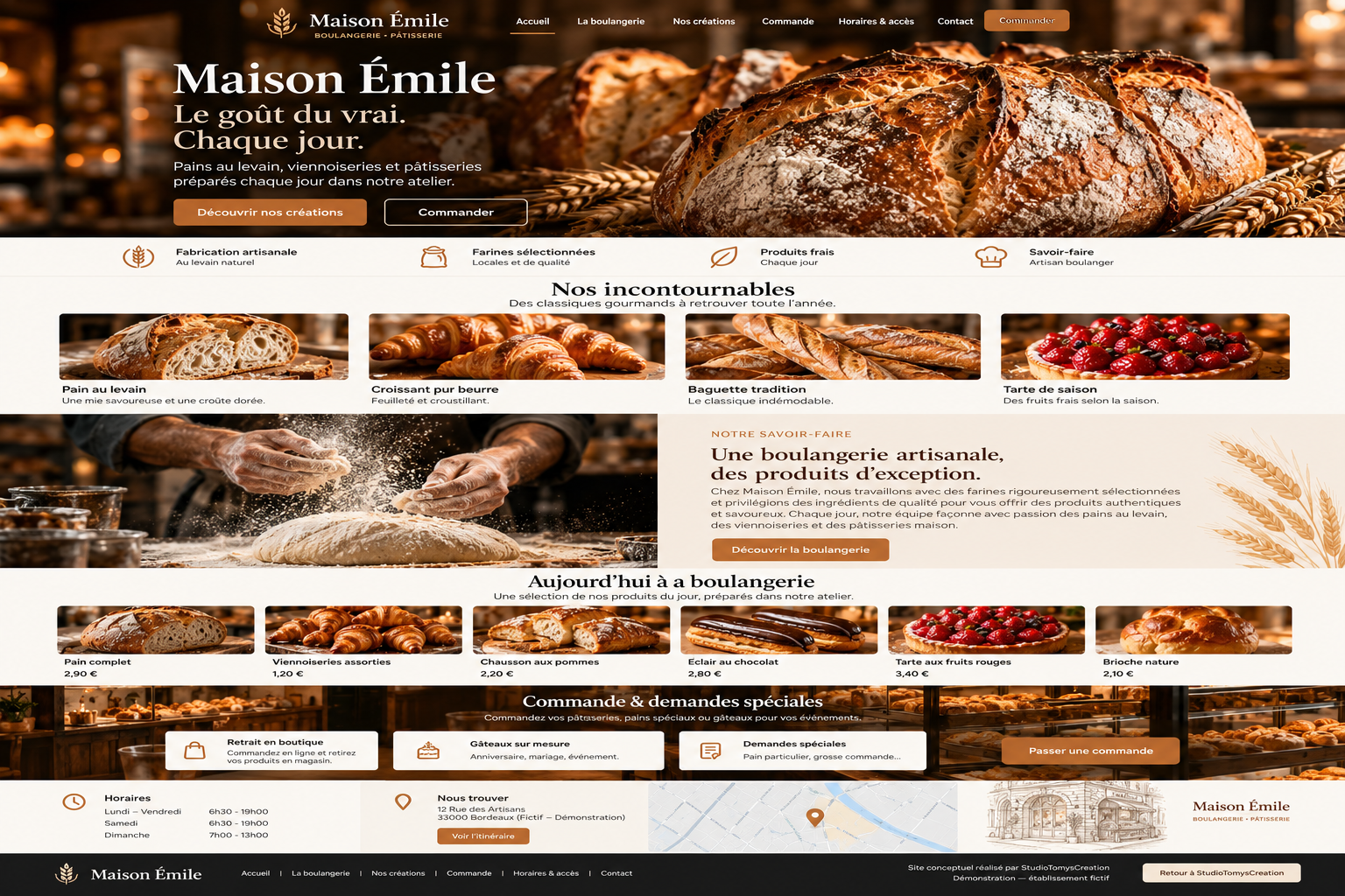 Aperçu du site démo Maison Émile : page d'accueil d'une boulangerie artisanale avec grande photo de pain au levain, menu et bouton de commande