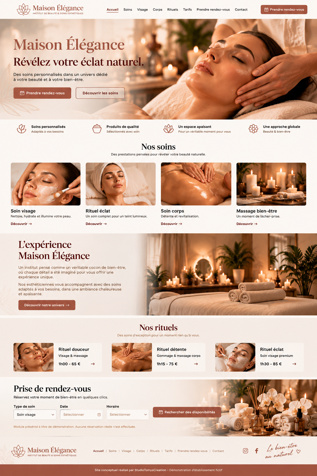 Aperçu du site démo Maison Élégance : page d'accueil d'un institut de beauté avec photo de soin visage et prise de rendez-vous