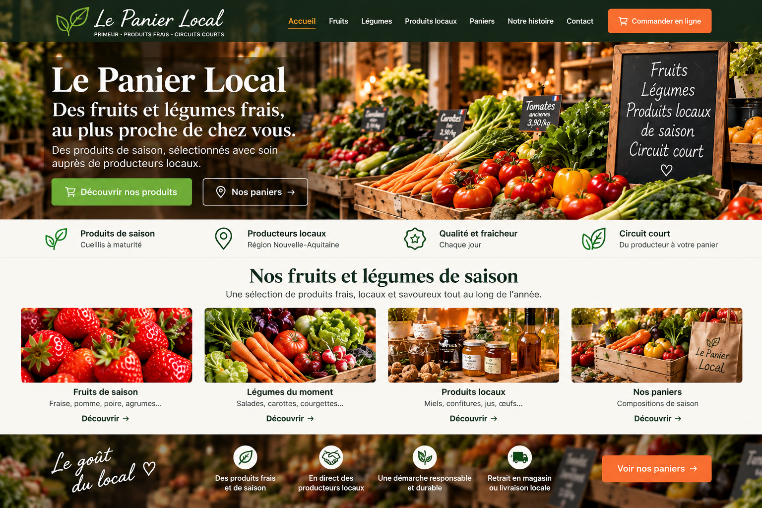 Aperçu du site démo Le Panier Local : page d'accueil d'un primeur avec étal de fruits et légumes frais et mise en avant des producteurs locaux