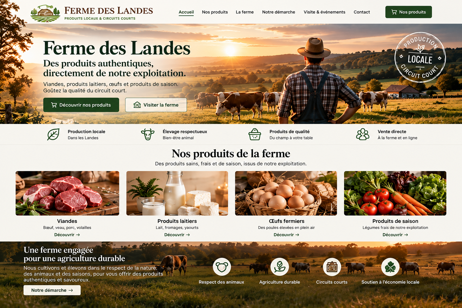 Aperçu du site démo Ferme des Landes : page d'accueil d'un producteur local avec photo de l'exploitation et mise en avant des produits de la ferme